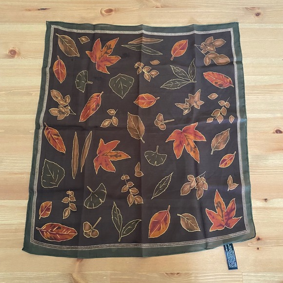 Accessories - Vintage Brown Green Fall Leaf Print Square Polyester Scarf Small